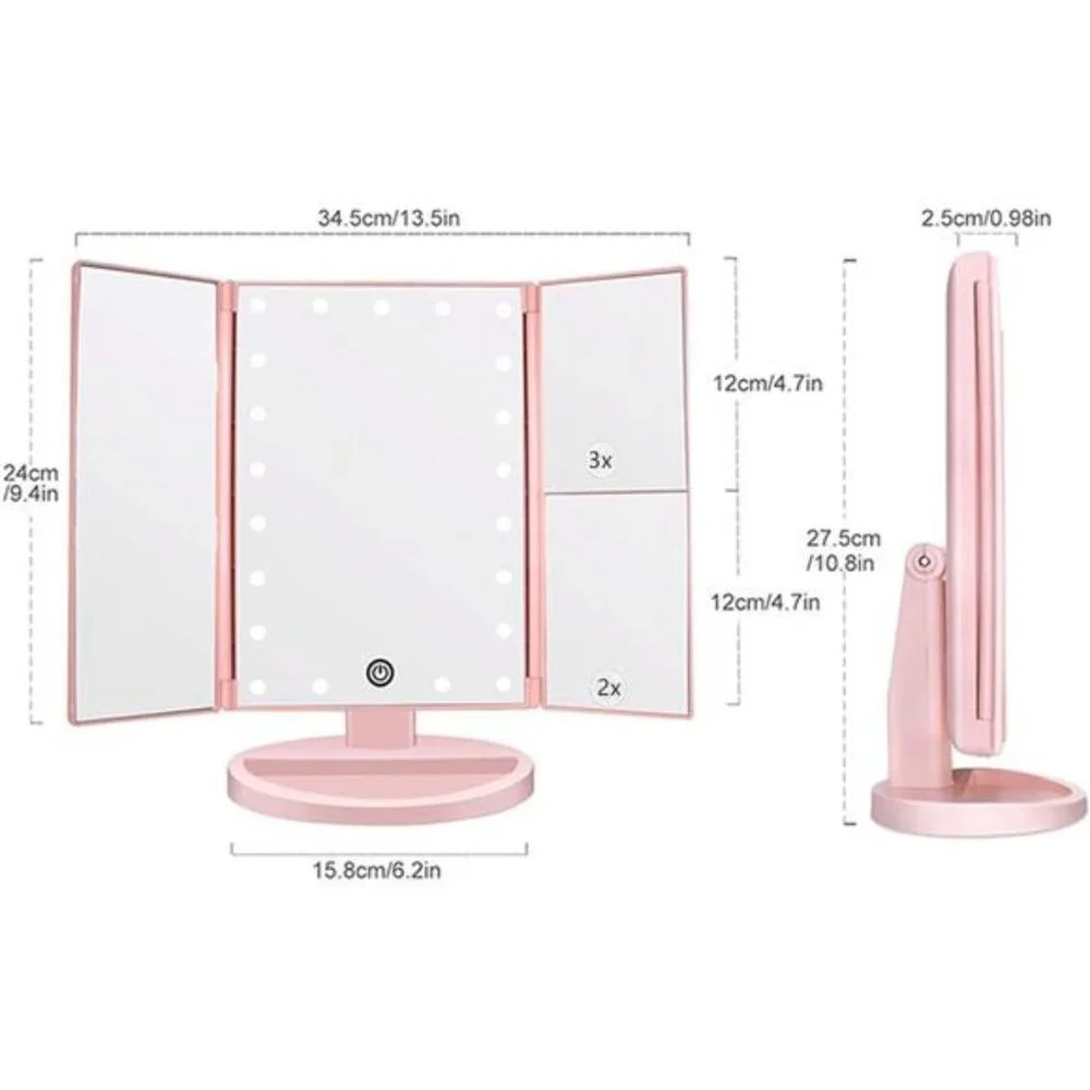 Tri-fold Lighted Vanity Makeup Mirror with 3x/2x/1x Magnification, 21Leds Light